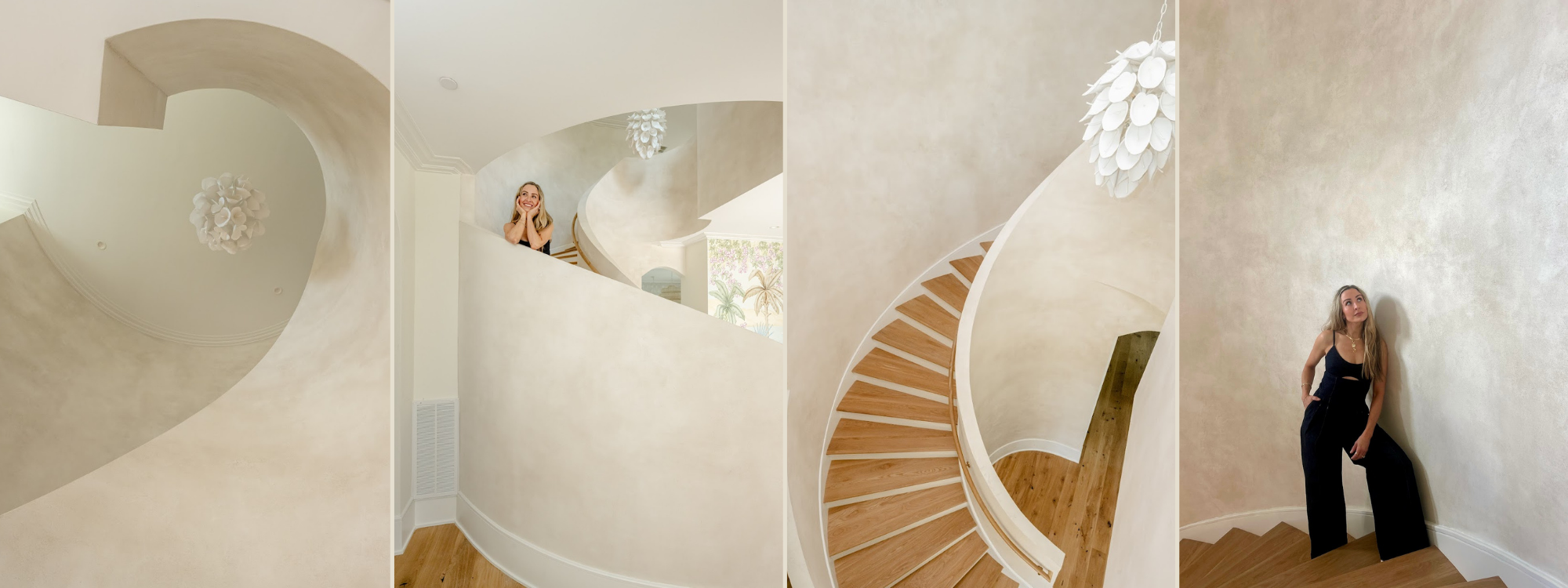 Four images of a plaster wall installation Emily Pope Harris (EPH) completed on Daniel Island, South Carolina. Two images have EPH posing in them and the other two images are different angles shots of the staircase.