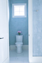 A custom blue Venetian plaster installation in a primary bathroom plus the water closet. A small detail makes such the difference and when the light hits in the water closet from the windows the burnish shines. 