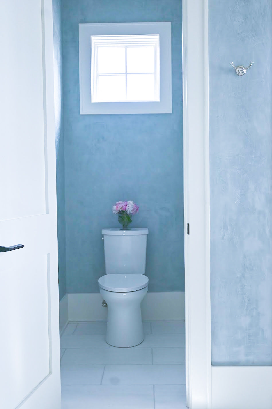 A custom blue Venetian plaster installation in a primary bathroom plus the water closet. A small detail makes such the difference and when the light hits in the water closet from the windows the burnish shines. 