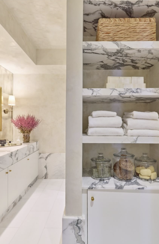 Cream and warm Venetian plaster bathroom walls and ceiling by Emily Pope Harris at the Kips Bay Designer Show House in Palm Beach, FL, designed by Betsy Berry, featuring two-toned color variation, burnish, polish, and subtle sheen.