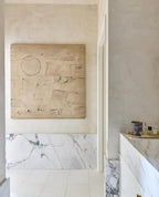 Cream and warm Venetian plaster bathroom walls and ceiling by Emily Pope Harris at the Kips Bay Designer Show House in Palm Beach, FL, designed by Betsy Berry, featuring two-toned color variation, burnish, polish, and subtle sheen.