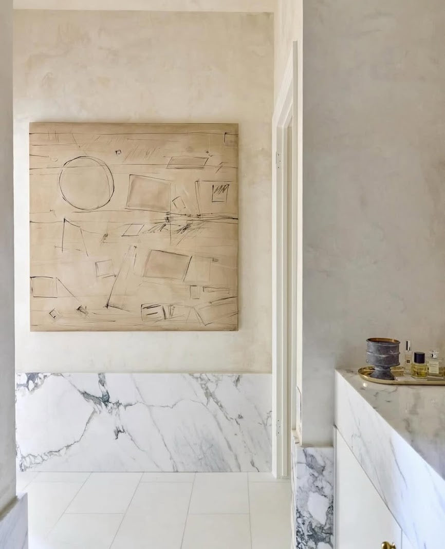 Cream and warm Venetian plaster bathroom walls and ceiling by Emily Pope Harris at the Kips Bay Designer Show House in Palm Beach, FL, designed by Betsy Berry, featuring two-toned color variation, burnish, polish, and subtle sheen.