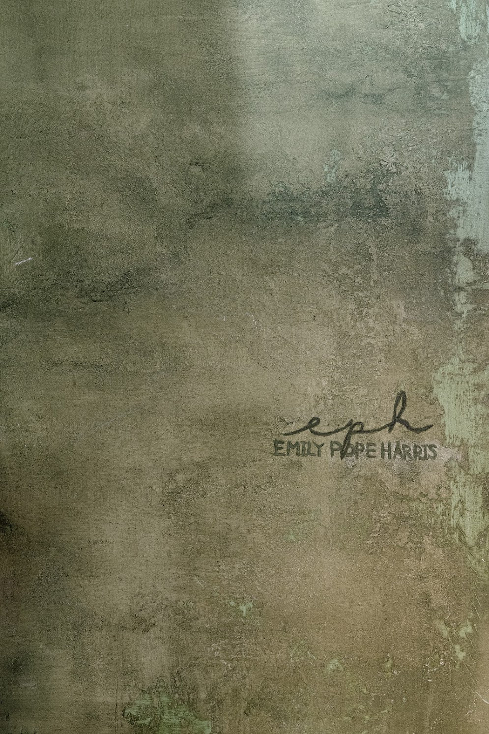 Close-up of a custom textured plaster wall with layered olive-green glaze, signed EPH by Emily Pope Harris at The Refinery in downtown Charleston.